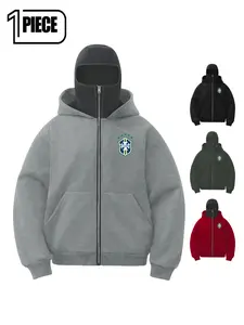 Men's Brazil Team Logo Baracuta Hoodie, Full Zip Tactical Mask Hooded Sweatshirt, Loose Fit Fleece Lined, Winter Streetwear