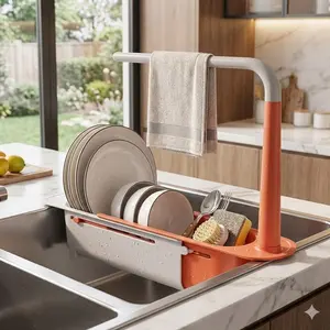 Adjustable Kitchen Sink Organizer Rack - Dish Drainer Organizer, No Drill Over Cabinet Shelf, Cutting Board Knife Holder with Drain Basket, Sponge Soap Tray, Countertop Storage Tool, Multi-Size Expandable Vertical Design.