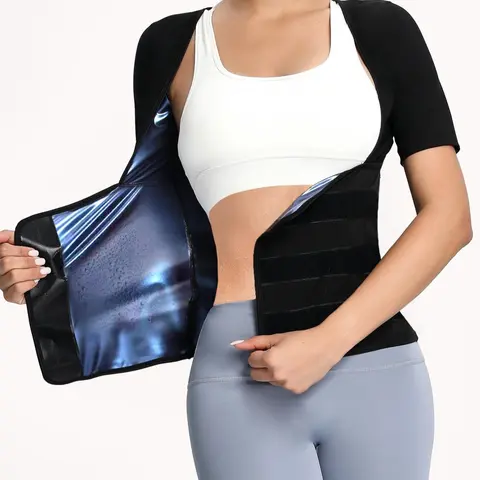 Women's Solid Color Short Sleeve PU Coated Sauna Top, Sporty Sweat-Absorbing Compression Sauna Top, Tummy Control Sauna Top for Women, Fitness Running Tops, Sports Sauna Top, Sauna Workout Top, Activewear, Fitness Apparel