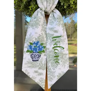 Floral Toile Wreath Sash. Embroidered Hydrangeas. Spring Front Door Decor. Boxwood Wreath