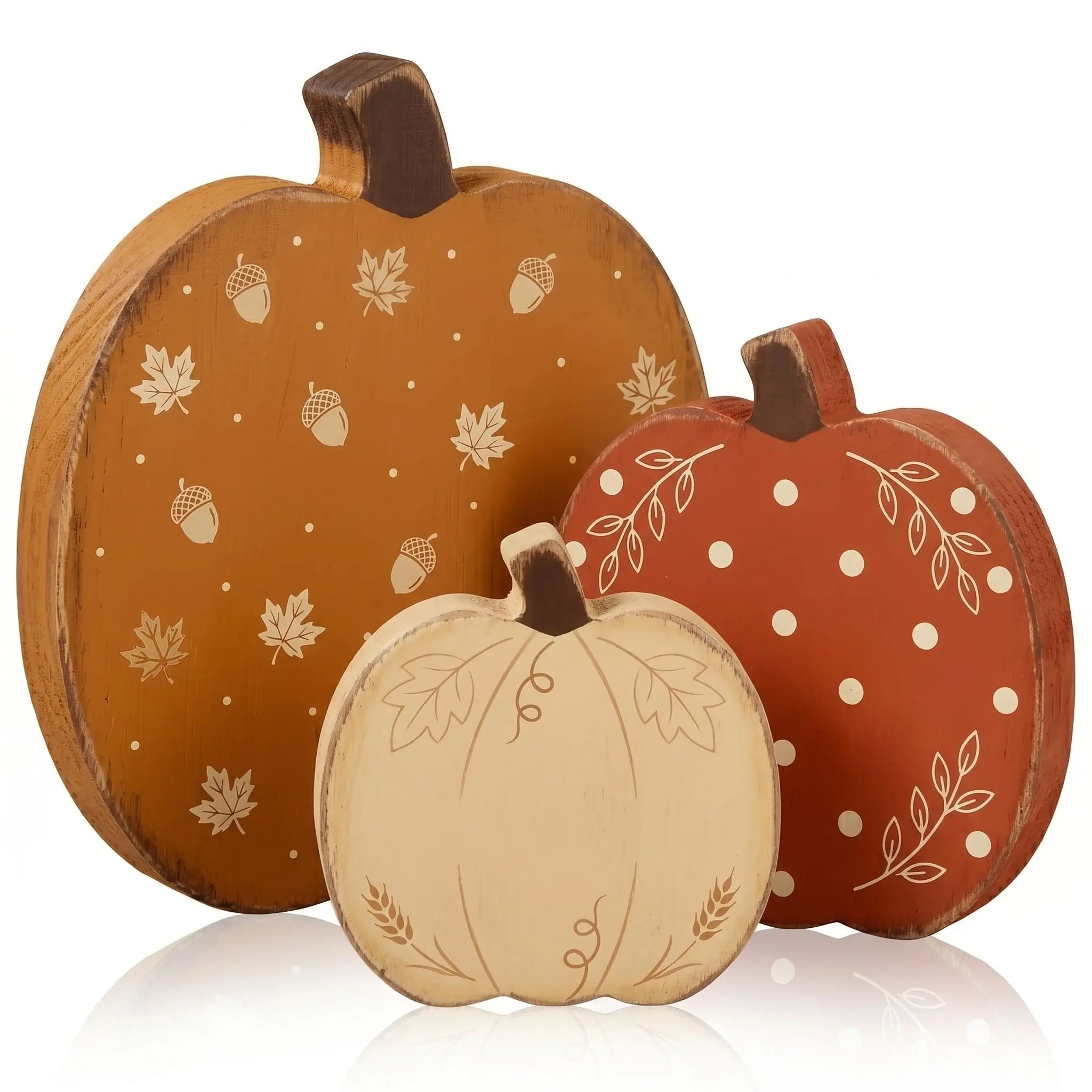 Autumn home decor set: 3-piece wooden pumpkin autumn decorations including a Thanksgiving table centerpiece, tiered tray, fireplace mantel shelf, shelves, and office decor items.