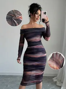 Women's Off-Shoulder Long Sleeve Tight-Fitting Slim Two-Layer High Elastic Knitted Knit Mesh Gradient Color Print Dress, Lady Fall Winter Fashion Elegance, Womenswear