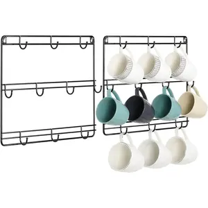Set of 2 3-Tier Metal Wall Mounted Mug Racks with 10 Hooks, Wall Hanging Cup Organiser Holders for Coffee Mugs, Tea Cups, and Mason Jars