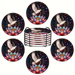 6PC round ceramic coasters, dazzling dreamy lotus and pure white dove theme, high temperature resistant and non-slip, exquisite home and restaurant decoration, suitable for sideboards, home decor and parties, perfect restaurant gift ideas, housewarming g