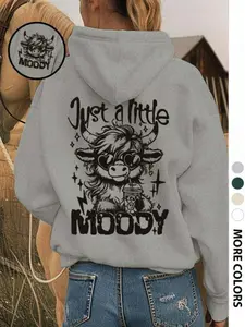 Women's Dropped Shoulder Loose Hoodie with Letter and Cow Print, Casual Fashion Drawstring Pocket Sweatshirt for Fall & Winter