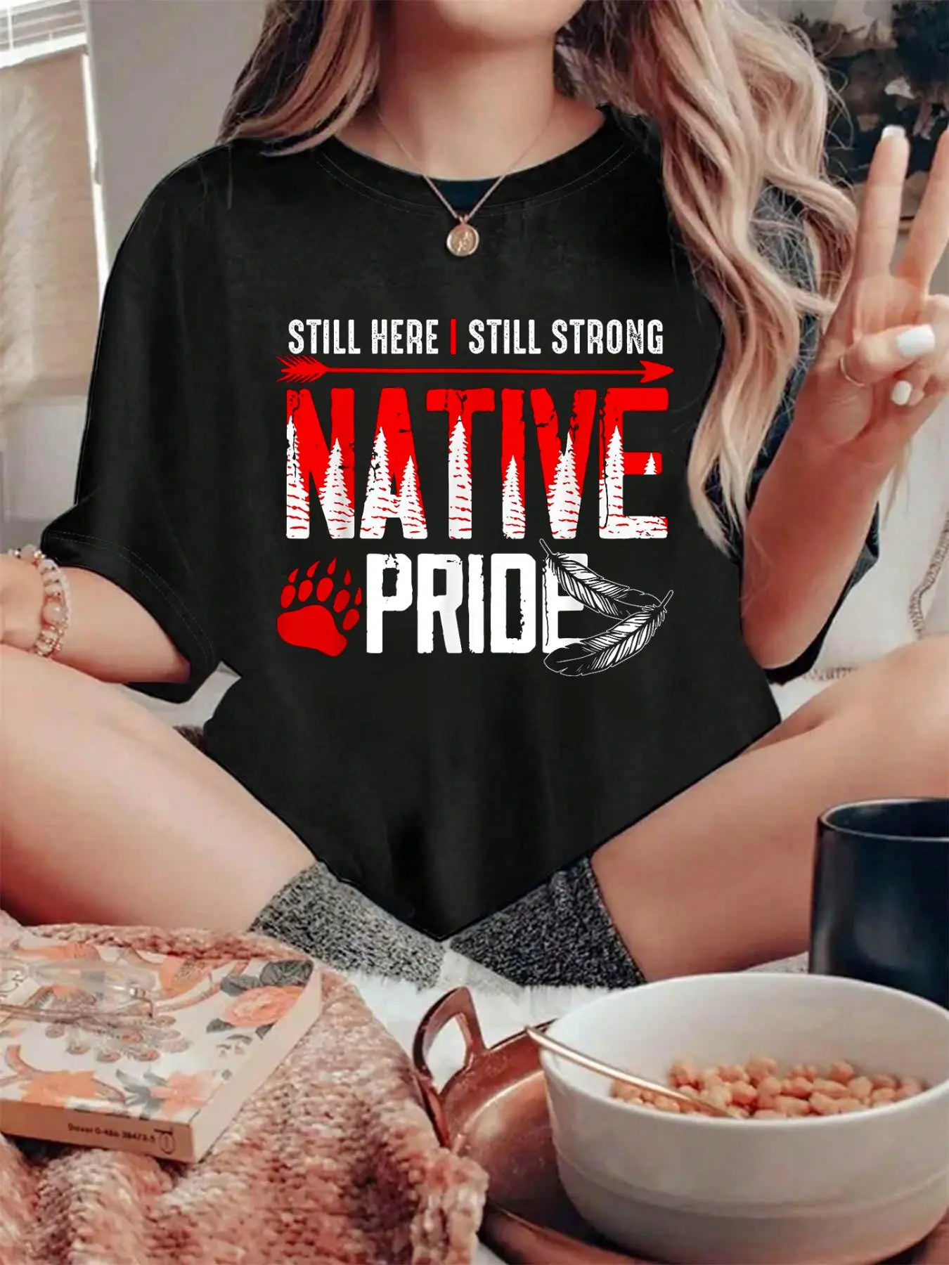 Lady's Loose Style Short-Sleeve 100% Pure Cotton Native American Heritage Indigenous Pride Top, Women's Printed T-Shirt, Shortsleeve, Tshirt
