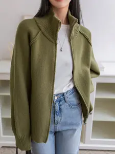 Women's Half High Neck Zipper Sweater Coat, Casual Loose Fit Knitwear Jacket, Fall & Winter Fashion Outerwear for Women