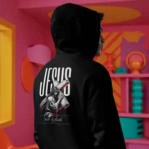 Walk by Faith Jesus Hoodie - Ultra Soft Premium Fleece Long Sleeve Back Print Hoodie for Men clothing  merch