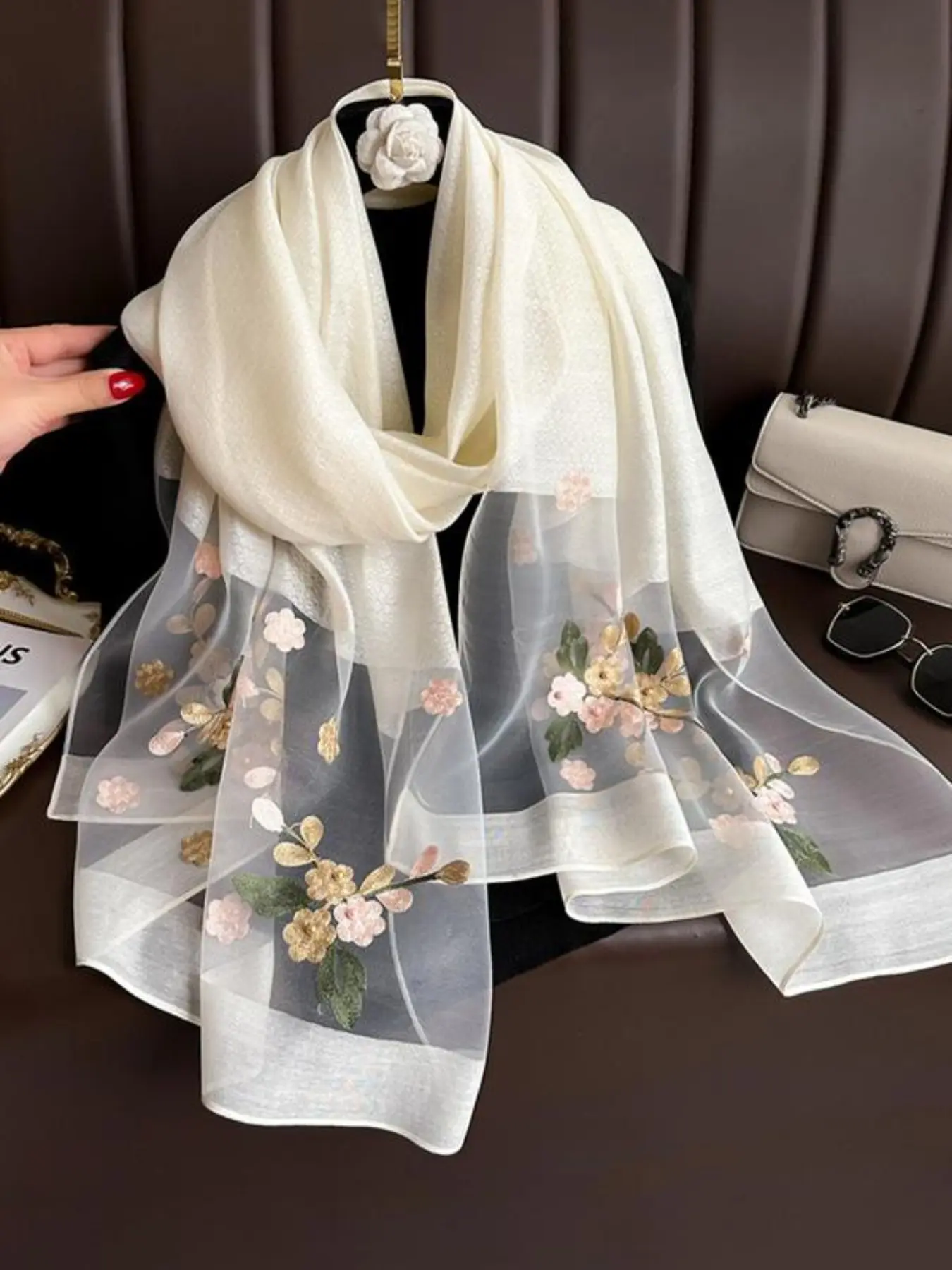 Elegant Floral Embroidered Silk Scarf for Women, Floral Print Scarf, Stylish Sun Protection Beach Shawl with Beads, Bohemian Windproof Must-Have, Boho Style Scarf