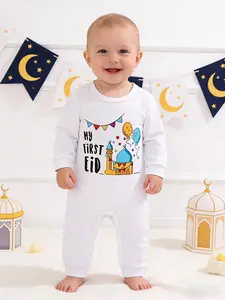 Cute Ramadan Baby Jumpsuit for Boys and Girls Cartoon Print Long Sleeve Onesie for Infants 0-12 Months Toddler Outfit Fitted Crawling Baby Clothing