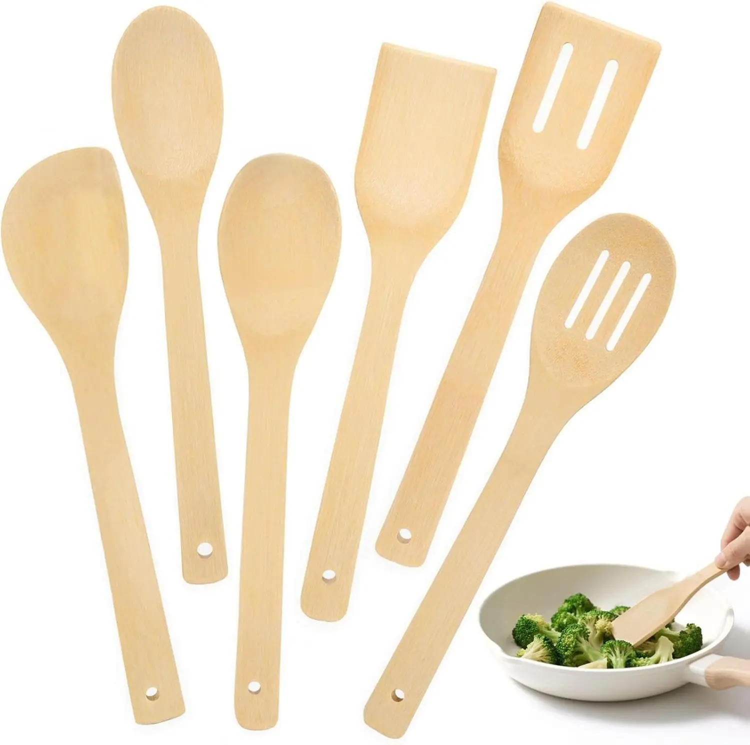 Bamboo Wooden Spoons for Cooking 6-Piece, Nonstick Bamboo Kitchen Utensils Set Wood Spatulas Spoons for Daily Use, Housewarming Gifts