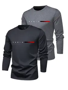 Men's Spring & Fall 2 Pack Regular Fit Long Sleeve T-Shirt with Paris Letter Print Stylish Casual Sports Outing Black Thin Top Great Value Two-Pack for Running Golf Fishing Basketball Camping Gym Swimming & Beach Perfect Gift for Husband