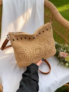 Women's Hollow Out Large Capacity Woven Bag, Essential Beach Accessory for Vacations & Holidays, Fashionable Versatile Summer Straw Beach Bag, Hobo Crossbody Bags, Hobo Shoulder Bag