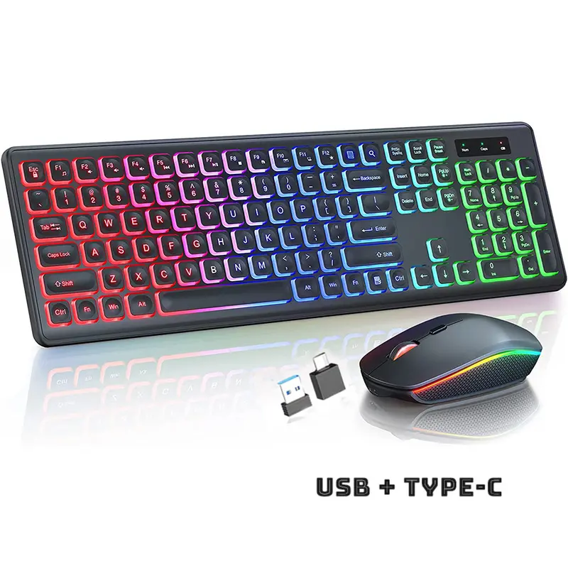 JOMAA 2.4G Wireless Keyboard and Mouse Combo RGB Backlit Rechargeable Full-Size Ergonomic Type-c+USB Wireless Sleep Mode