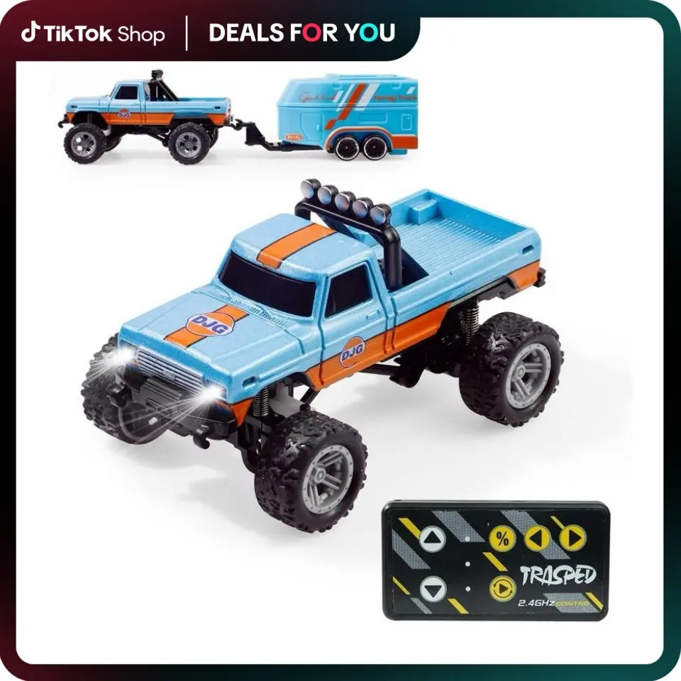 Hotfree 1/64 Mini RC Monster Truck Toy - Metal Off-Road Stomper with Trailer, 2.4GHz Wireless Controller Car, 3-Speed, USB-C Rechargeable, Indoor-Outdoor Remote Control Hobby Gift for Kids & Dads