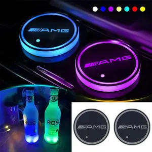 Amg Car LED Glowing Cup Holder Mat, 7 Color Night Glow Atmosphere Light, Self-Induction, High Temperature Resistant, Car Interior Decoration