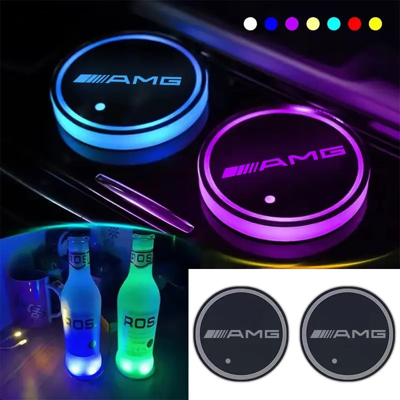 Amg Car LED Glowing Cup Holder Mat, 7 Color Night Glow Atmosphere Light, Self-Induction, High Temperature Resistant, Car Interior Decoration, Car Interior Accessory, Car Interior Decorative, Car Accessories