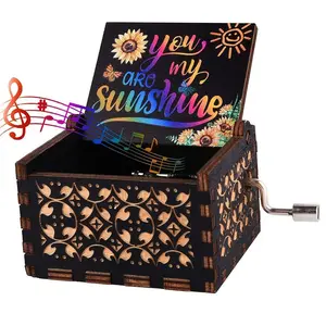 Vintage Wooden Music Box, 1 Count Letter & Sun Pattern Flower Design Creative Mini Music Box, Room Home Decoration, Gift for Birthdays, Anniversary