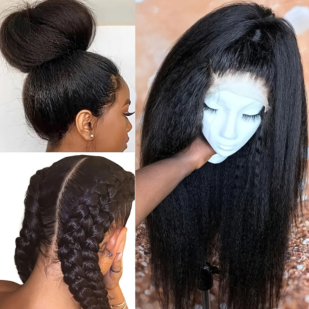 Kinky Straight Black Color Hair Frontal Lace Replacement Wigs Yaki Straight For Fashion Women Lace Front Wigs Glueless Afo Kinky Straight Wig Pre Plucked With Baby Hair Natural Hairline Kinky Wig 26 Inch Heat Resistant Soft Fiber Begineer Friendly