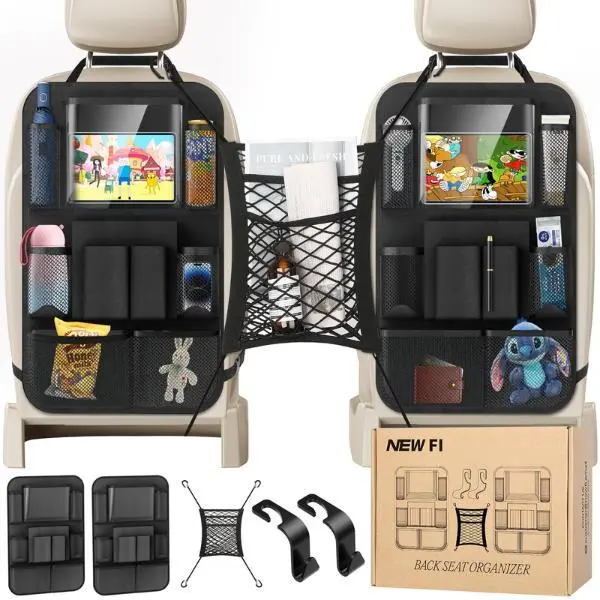 Universal Fit Backseat Car Organizer Set - 20 Storage Pockets, Touch Screen Tablet Pocket, 1 Central Seat Net Divider Barrier, 2 Hanging Heavy-Duty Headrest Hooks, Black Automotive Interior Stowing & Tidying Accessory