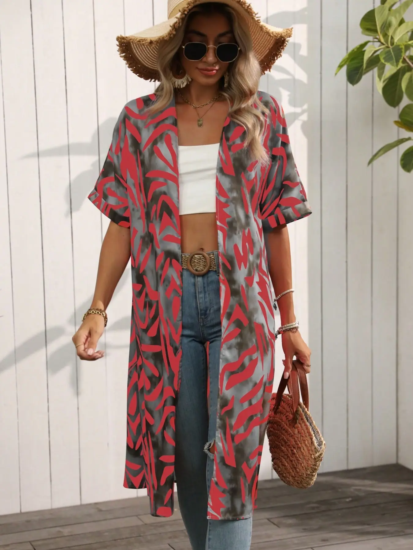 Wild Retro Orange-Gray Stripe Print Half-Sleeve Long Resort Cardigan Y2K Baddie Orange-Gray Stripe Print Half-Sleeve Long Resort Cardigan Relaxed Casual Orange-Gray Stripe Print Half-Sleeve Long Resort Cardigan