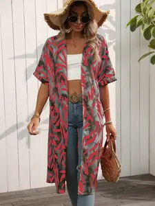 Wild Retro Orange-Gray Stripe Print Half-Sleeve Long Resort Cardigan Y2K Baddie Orange-Gray Stripe Print Half-Sleeve Long Resort Cardigan Relaxed Casual Orange-Gray Stripe Print Half-Sleeve Long Resort Cardigan