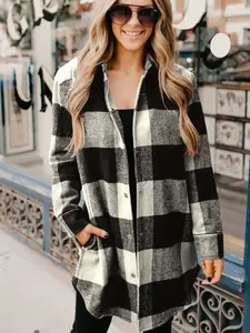 USBOUTIQUECHIC Women's Fashion Casual Brushed Flannel Shacket - Long-Sleeve Cotton Button-Down Plaid Coat with Pocket, Essential Womenswear for Pairing with Jeans