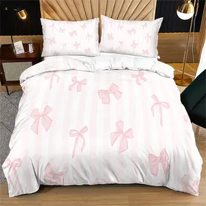 Striped bow pattern does not carry cotton, soft and durable bed duvet cover set, including 1 duvet cover and 1 or 2 pillowcases, does not include quilt core and pillow core, suitable as a holiday gift, Soft Breathable Bedding