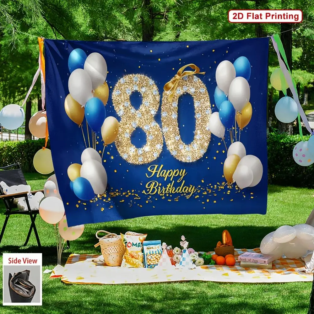 80th Birthday Banner, 1pc Navy Blue & Golden 2D Flat Polyester Backdrop with Glittery Golden Number 80 & Balloons, Durable Festive Party Decor for Milestone Celebrations (No Electricity Required)