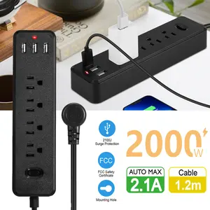 Wall Mountable USB Surge Protector Power Strip with 3 USB Ports 4 Outlet Plugs 110cm Cord ABS PC Housing
