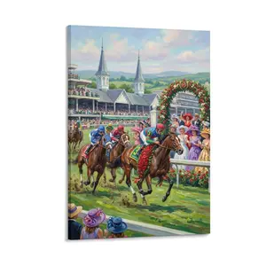 1pc Frameless Printed Canvas Art, Colorful Horse Race Scene (Rose Arch, Twin Spires), Realistic Derby Style, Vintage Wall Decor for Home, Living/Bedroom/Race Space, Derby Day