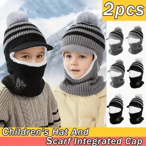 2pcs integrated hat neck warmer onesies for autumn and winter, suitable for boys and girls — thick warm knitted beanie with a duckbill design, ideal for daily outings, outdoor sports (riding), climbing, and travel