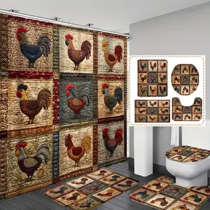 Autumn Chicken Plaid Print Shower Curtain Set, 1pc/4pc Bathroom Accessories, Non-Slip Mat, U-Shaped Floor Pad, Home Decoration