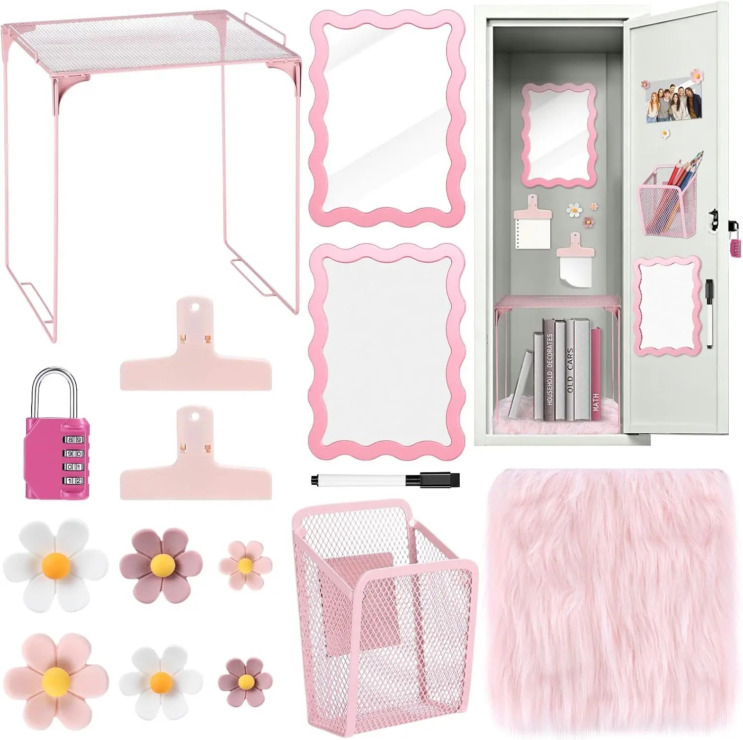 15-Piece Pink Decorative Set, Locker Accessories, Back-to-School Home Decor Essentials