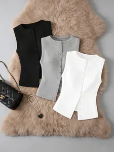 Summer New Round Neck Sleeveless Knitted Fitted Vest for Women, Slim Fit Button Front, Versatile Basic Inner Top Set of Three Pieces
