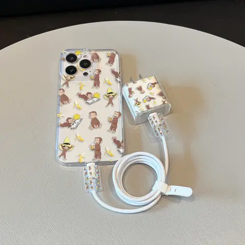 5 Piece Set Transparent Cartoon Monkey Phone Case, Charger Head Cover, Cable Protector, Storage Rope, Anti-Drop Tpu Shell for iPhone