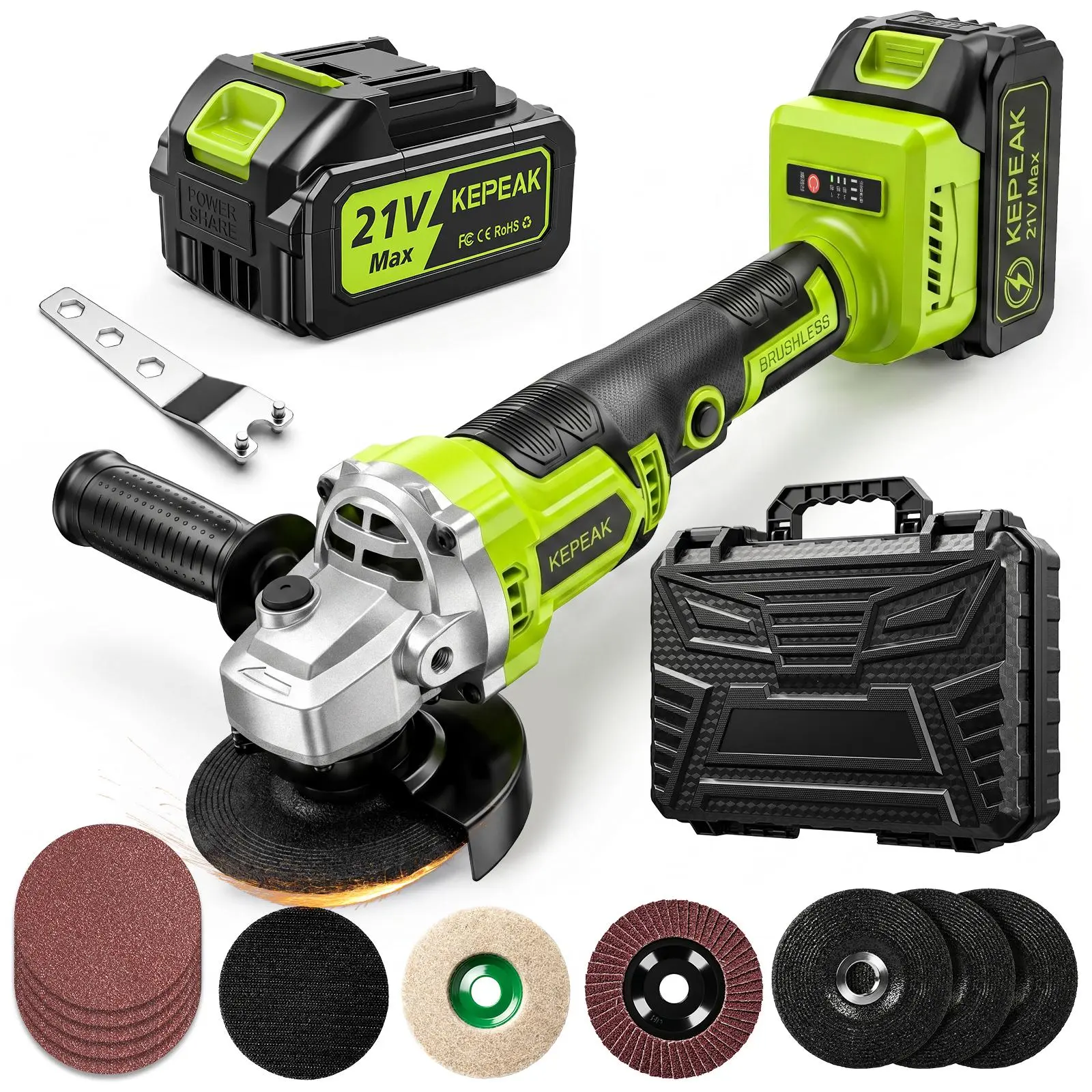 【BackToSchool】21V Brushless Motor 4" Cordless Angle Grinding Machine Full Kit - 450W Power Tool with 1300mAh Battery, Charger, Metal Cutting Discs, Grinding Wheel, Self-Adhesive Backing Pad & Accessories for DIY Home Improvement, Workshop Tasks