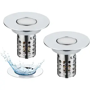 Sink Drain Strainer, 2PCS 3 in 1 Sink Stopper with Removable Stainless Basket Drain Hair Catcher, Sink Plug for 1.1''~2.36'', Brass Bullet Core,