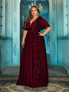 Plus Size Burgundy Ruffle Evening Gown | Deep V Neck Chiffon Formal Dress with Flutter Sleeves | Elegant A Line Maxi Dress for Wedding Guest