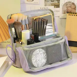 Standing Makeup Bag, Women's Large Capacity Foldable Magnetic Travel Makeup Storage Bag, Waterproof PU Leather Portable Open Makeup Bag with Dividers, Makeup Organizer, Makeup Pouch, Room Organizer Products, Travel Cosmetic Bag