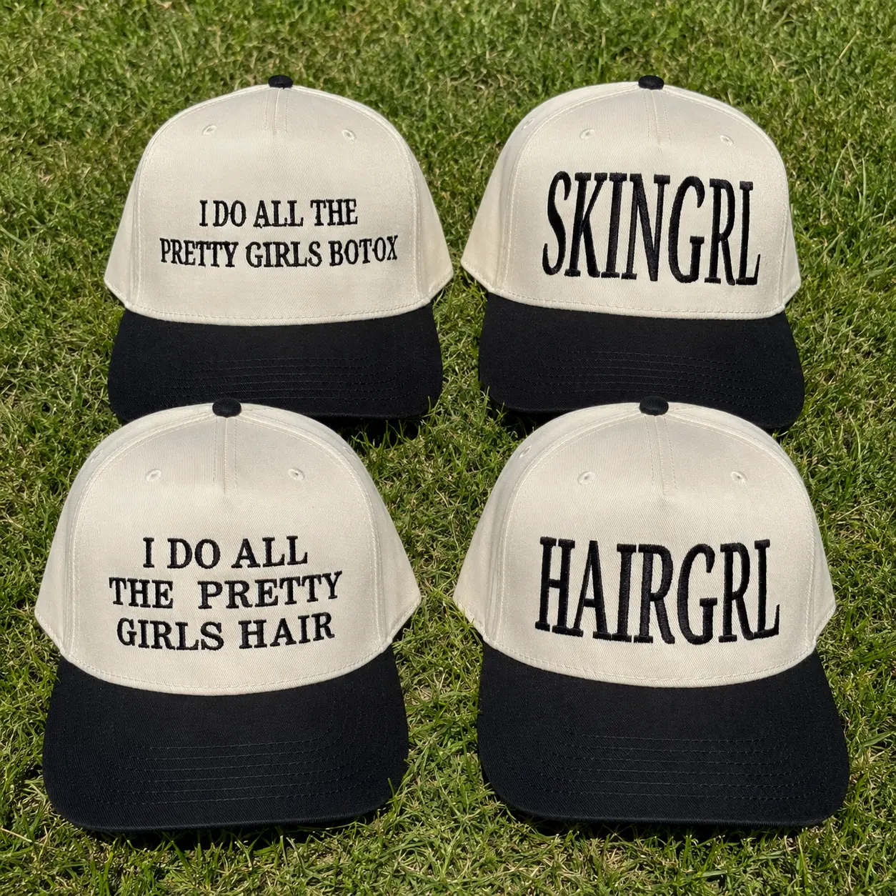 HAIRGRL SKINGRL Embroidered Trucker Hat, I Do All The Pretty Girls Hair or Botox Cap, Hair Stylist Esthetician Snapback, Salon Owner Med Spa Gift