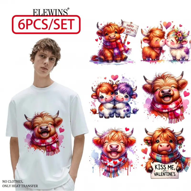 Highland Cow Watercolor Heat Transfer Vinyl Stickers 6 Pack DTF Self-Adhesive PVC Cute Animal Heart Patterns Washerproof for T-Shirts Hoodies Jeans Backpacks Unisex Gift Cow Theme Decals