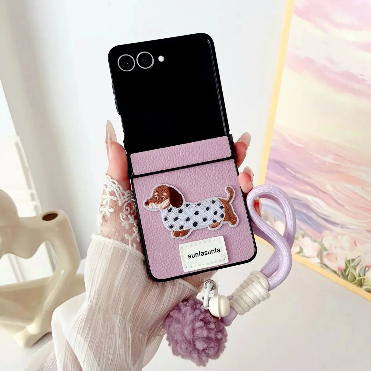 Cute Cartoon Dog Wrist Strap Leather Phone Case for Samsung Galaxy Z Flip 8 7 6 5 4 3 Flip7 FE Flip6 Shockproof Protective Cover