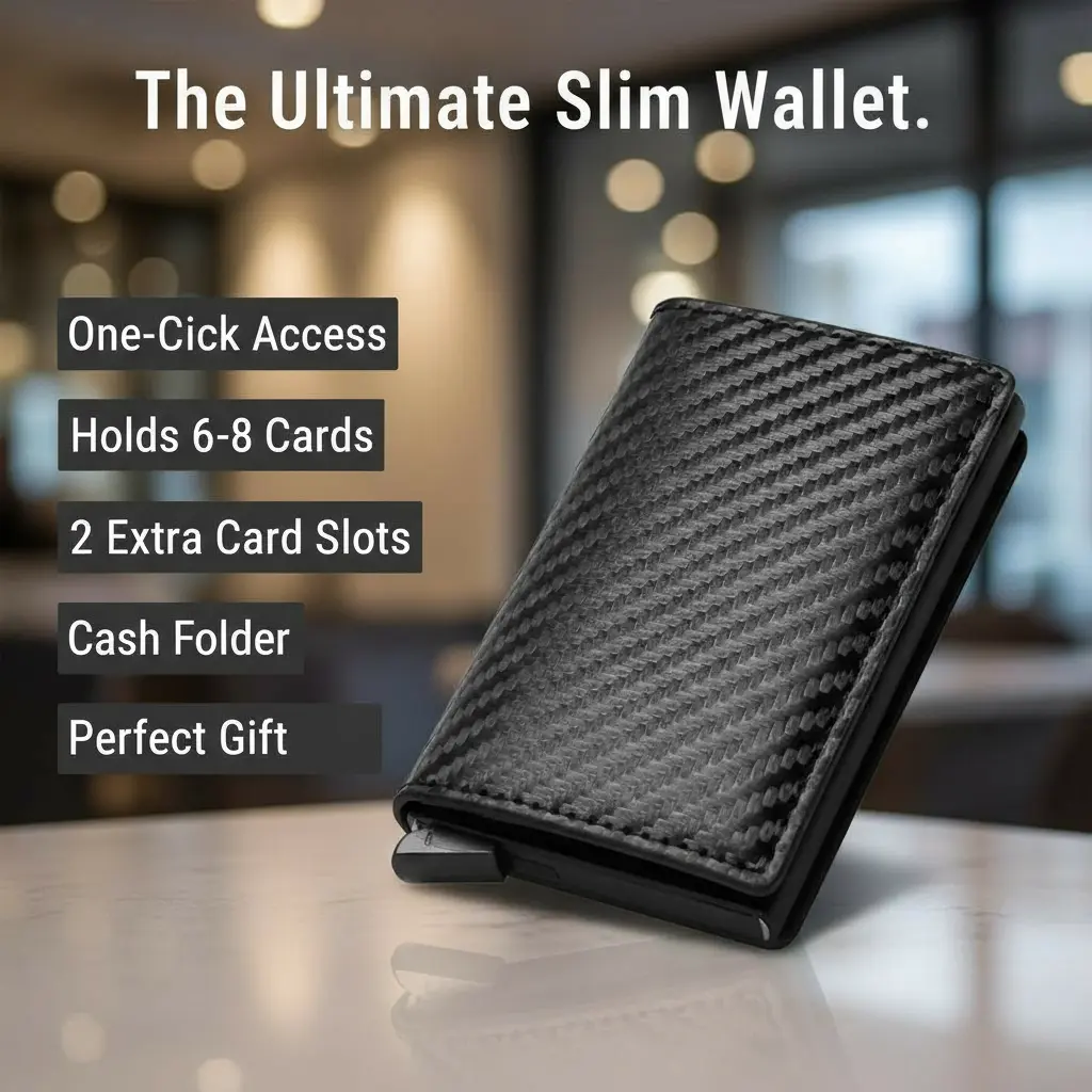 Men's 2-in-1 Minimalist Wallet & Card Holder (6 Cards Capacity) - 2026 Business Luxury Style, Pop-Up Eject, RFID Blocking, Aviation Metal Frame, Anti-Bend, Anti-Scratch Carbon Fiber, Premium PU Leather, Slim Durable for Wedding, Athletic, Fantasy Use