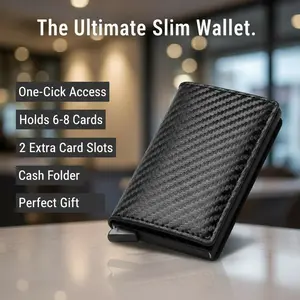 Men's Business Minimalist RFID Guard Card Wallet 2025 with Pop-Up Card Eject & RFID Blocking Metal Slim Durable Carbon Fiber Design for Everyday Use Aviation Grade Metal Frame Premium PU Leather