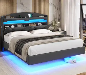 Full Size Floating Bed Frame with LED Lights, Hidden Storage in Headboard with Charging Station, Grey