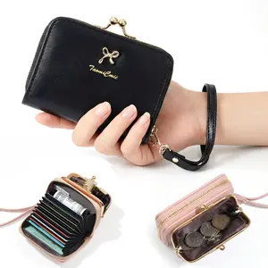 JUSIEX 2-In-1 Women's Small Wristlet Wallet, Cute Bow Kiss-lock Coin Purse with Wristlet, PU Leather Mini Card Holder Wallet with Zipper for Daily Use & Travel, Multi-Slot Compact Clutch for Girls, Mother's Day Gift