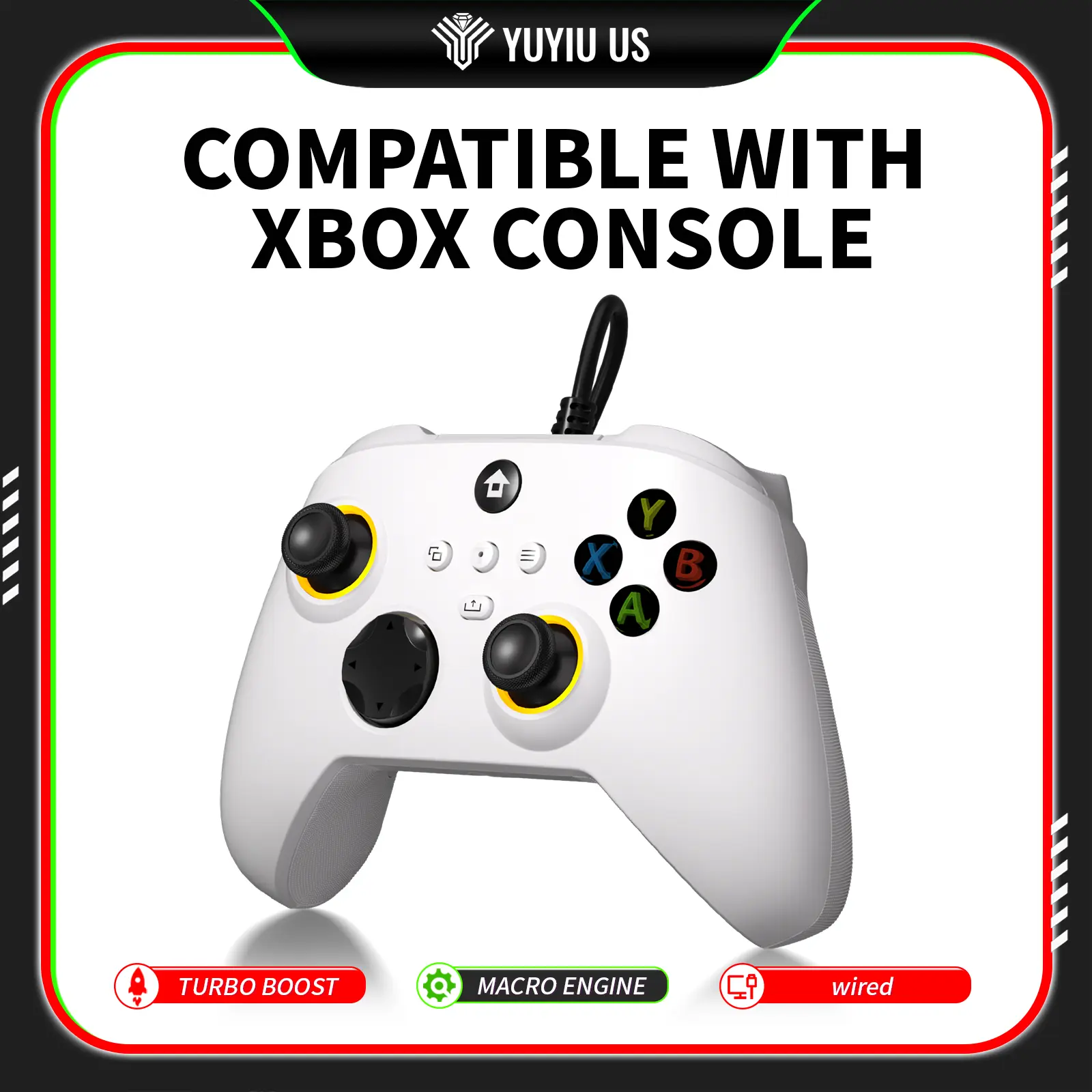 YUYIU Wired USB-C Gaming Controller Accessories for Xbox 1, Xbox Series X-S, PC, Steam, iOS - Hall Effect Linear Triggers, 7-Color RGB Light, Macro/Turbo, 8-Way D-Pad, 3.5mm Audio Jack, Dual Vibration
