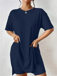 2 Pieces Women Suit Women's Casual Plain Long Top & Short Pants Set, Mid Waist Short Sleeve, Fashionable Home Sportswear, Basic Style