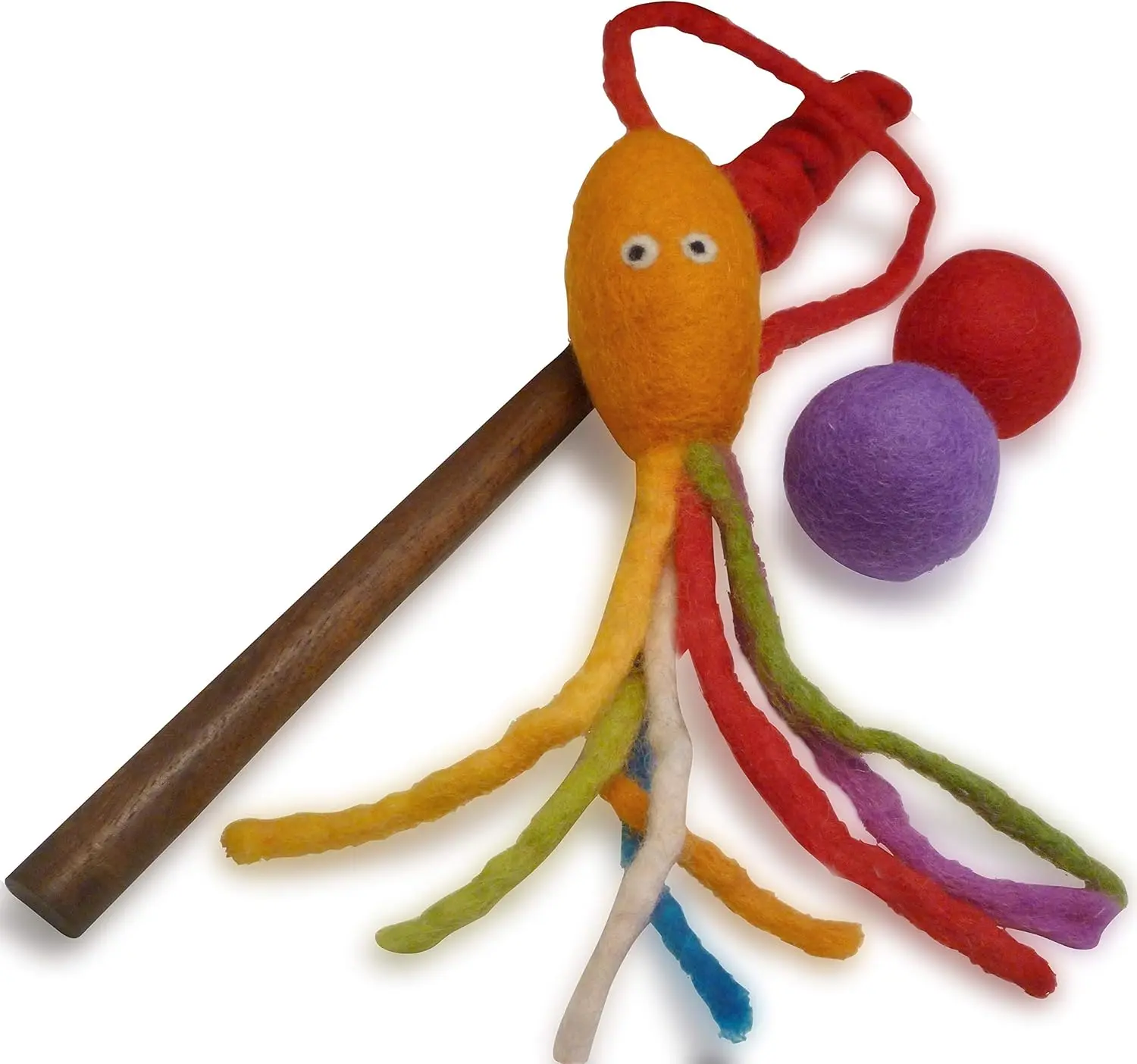 Wool Cat Toy - Felted Wool Rainbow Squid Fish Wand Toy Plus  Felt Ball Toys for Indoor Cats and Kittens (Cat Squid Toy)